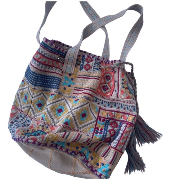 Johnny Was Embroidered Hobo Drawstring Bucket Bag, Bohemian Boho Colorful - Picture 2 of 5